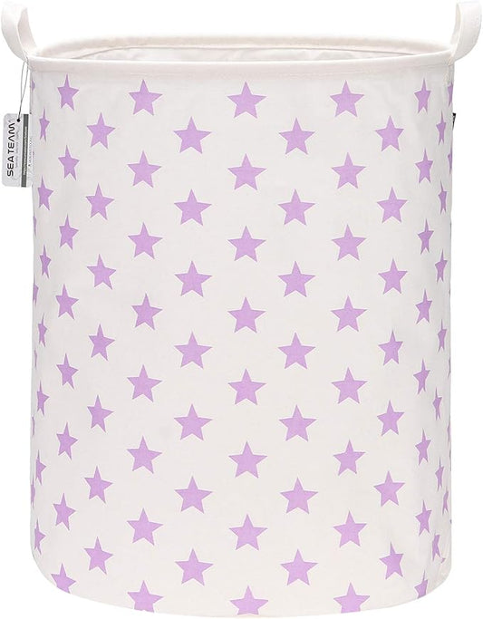 Sea Team 19.7 Inches Large Sized Waterproof Coating Ramie Cotton Fabric Folding Laundry Hamper Bucket Cylindric Burlap Canvas Storage Basket with Stylish Stars Design (19.7", Purple Star)