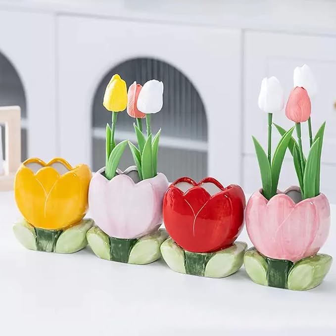 Ceramic Tulip Cosmetic Storage Box, Desktop Organizers Make Up Brush Storage Stand Desktop Storage Box for Brush,Pencil,Art Supplies, Painting Brush (Light Purple)