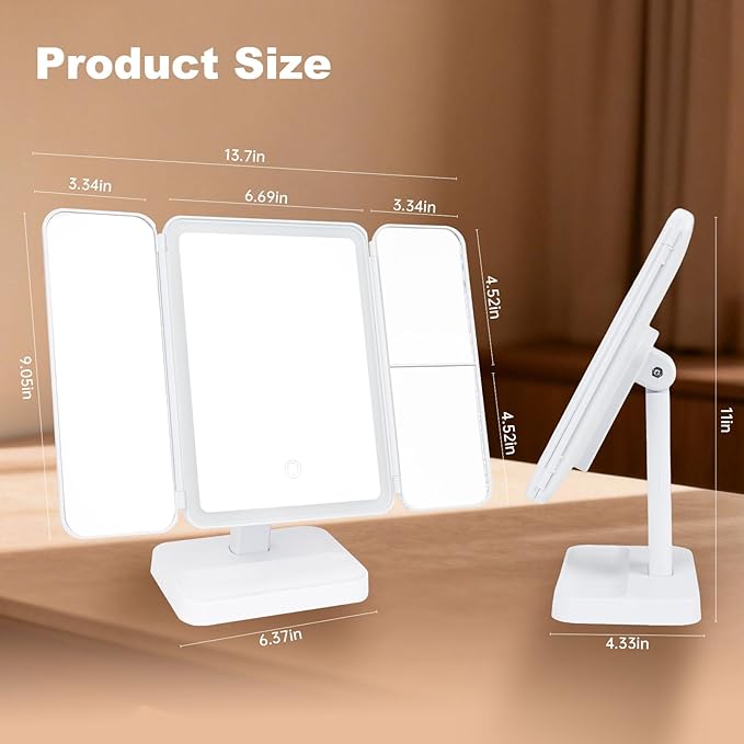 2026 Newly Upgraded Three-Sided Folding Makeup Mirror, Desktop LED Two-in-one Seashell-Shaped Three-Sided Mirror, Large Size with Adjustable Light