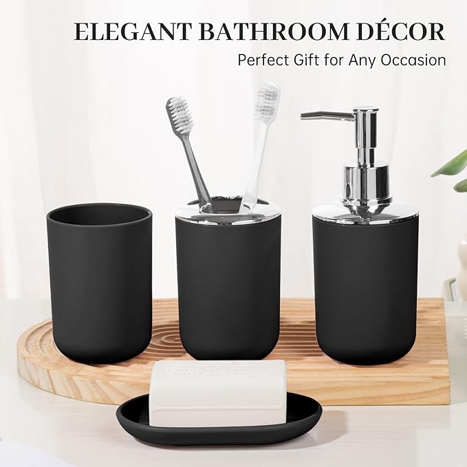 Bathroom Accessory Set, 4 Pcs Plastic Bathroom Set Include Soap Dispenser, Soap Dish, Toothbrush Holder, Mousewash Cup, Modern Bahtroom D??cor Set, Space Save for Bathroom(Black)