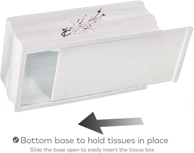 Creative Scents Vanda Rectangle Tissue Box Cover - Decorative Cherry Blossom Tissue Holder for Bathroom - White Tissue Box Holder Rectangular with Durable Bottom Slider - White Bathroom Accessories