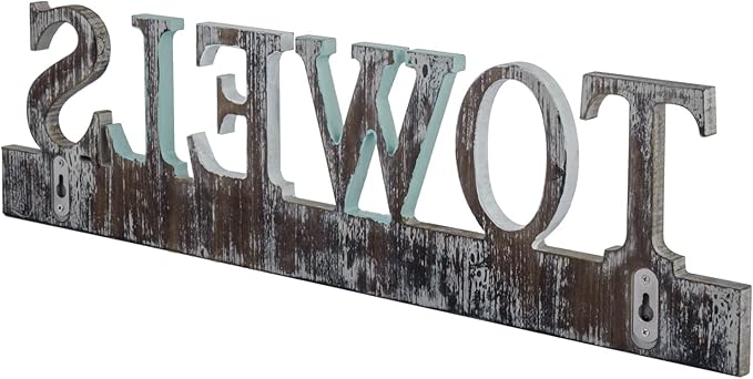 MyGift Towel Rack for Bathroom, Wall Mounted Bath Towel Holder with 5 Dual Hooks, Kitchen Laundry Hand Towel Hanger, Rustic Multicolored Solid Wood with Decorative Towel Cutout Design