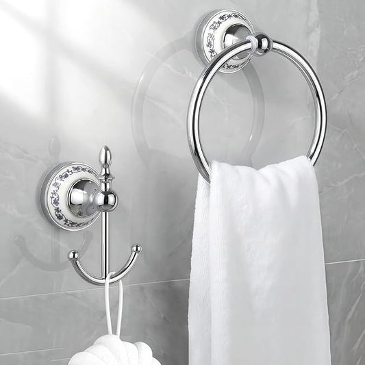 2 pcs Silver Towel Ring Hook Holder Wall Mount Rack Blue&White Porcelain Ceramic Base Stainless Steel Old Chinese Decor