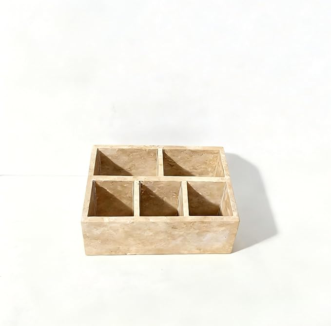 Marble Desk Organizer with 3 Compartments, White and Purple Pattern, Modern Design (Beige-pro)