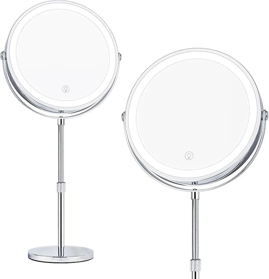 9” Height Adjustable Lighted Makeup Mirror with 10X Magnification - Rechargeable 360° Double Sided Vanity Mirror with 3 Color Modes, Touch Dimmable Brightness for Bathroom & Bedroom - Gift for Women