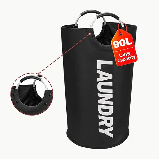 90L Laundry Basket Freestanding Laundry Hamper Collapsible Dirty Clothes Hamper Waterproof Oxford Fabric with Foam Padded Aluminum Handles Reinforced Rivets for Dorm College Home(Black) (1Pack)