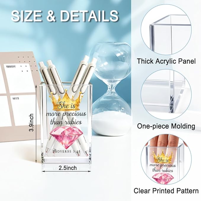 She Is More Precious Than Rubies Acrylic Cosmetic Holder, Crown Clear Makeup Brush Holder, Ideal for Bathroom Jewelry Accessories Holding, Christian Bible Verses Gifts for Women Girlfriend Her