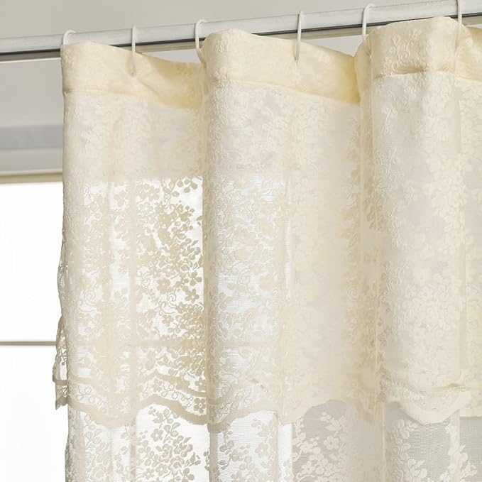 YJ YANJUN Ivory Lace Shower Curtain - Shabby Chic Flower Shower Curtain with Attached Valance, Luxury Lace Curtain for Bathroom, Farmhouse Shower Curtains, 72 x 72 Inch, Light Beige