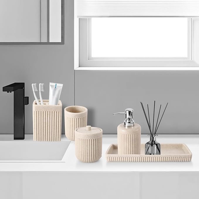 XLHOMO Resin Beige Bathroom Accessories Set 5 Pcs, Lotion Soap Dispenser, Toothbrush Holder, Bathroom Tumbler, Qtip Holder and Vanity Tray, Bathroom Countertop Organizer Set for Modern Home Apartment