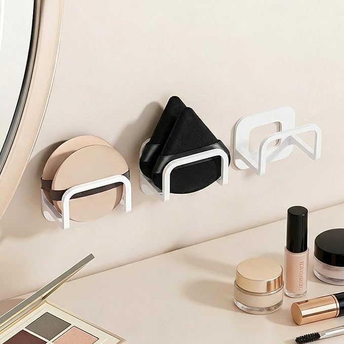 4pcs Adhesive Powder Puff Holder, No-Drill Wall Mounted Makeup Sponge Organizer, Bathroom Beauty Sponges Holder for Various Powder Puffs - Saves Counter Space (4.5 * 3.5 * 4.3cm)(White)