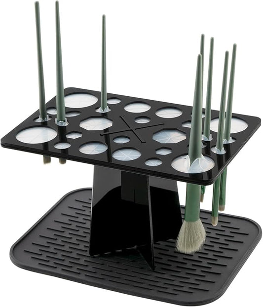 28 Hole Makeup Brush Drying Rack with Silicone Mat - Acrylic Folding Stand Tree - Cosmetic Air Dryer Organizer for Vanity (Black)