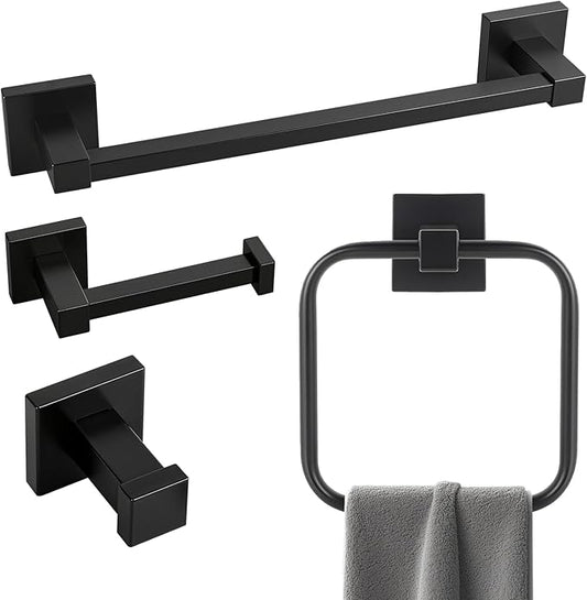 Matte Black Bathroom Hardware Accessories Set 4 Pieces, SUS304 Stainless Steel Bathroom Towel Rack Holder Set Wall Mounted-18 Inch Towel Bar, Toilet Paper Holder, Square Towel Ring, Towel Hook