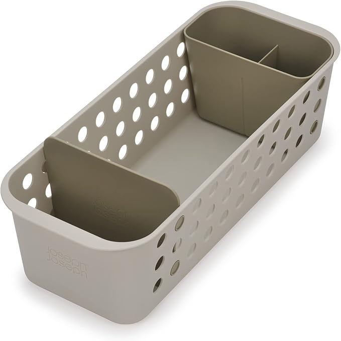 Joseph Joseph EasyStore - Slimline Bathroom essentials Storage Basket Organiser with moveable pot and divider, Ecru (Pack of 2)