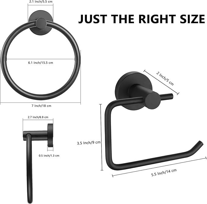 Towel Ring and Toilet Paper Holder Set, Stainless Steel Bath Towel Hanger and Tissue Roll Holders, Bathroom Hardware Accessories Wall Mounted 2 Pieces (Matte Black)