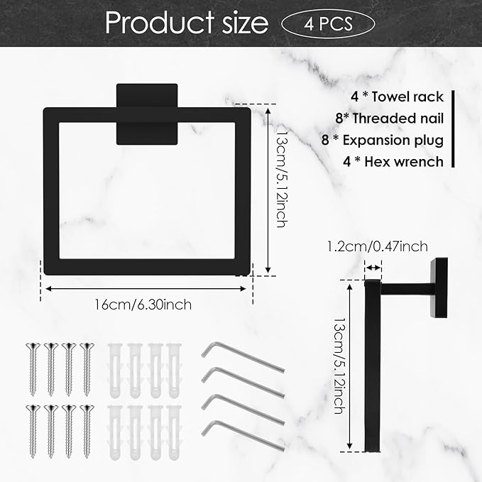 4Pcs Towel Holder Stainless Steel Towel Ring Square Hand Towel Holder Hanger Stylish Minimalist Towel Rack Ring Wall Mounted Towel Hanger for Home Bathroom