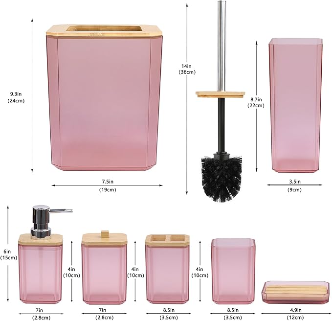 CERBIOR Bathroom Accessories Set 7 Piece Bath Ensemble Includes Soap Dispenser, Toothbrush Holder, Toothbrush Cup, Soap Dish for Decorative Countertop and Housewarming Gift (Pink)