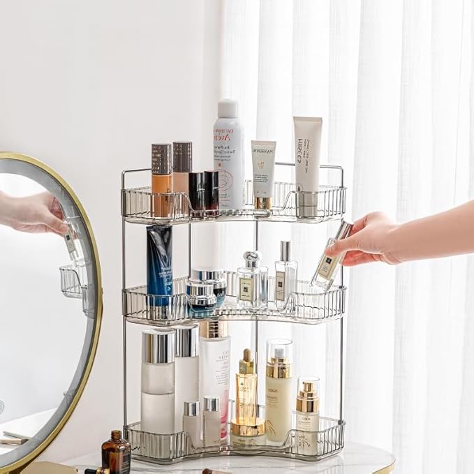 Grey 3-Tier Vanity Organizer - Bathroom Counter Shelf for Cosmetics, Toiletries, Lotions, Perfumes