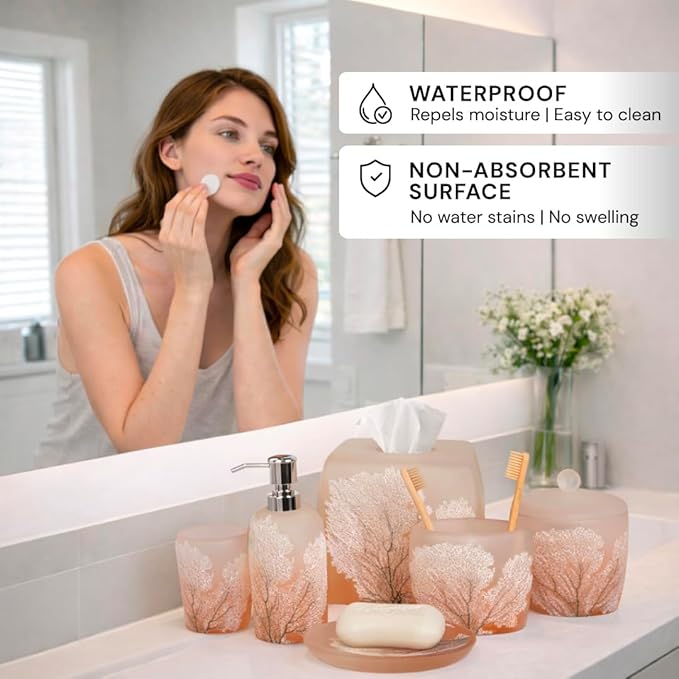 Decozen Bathroom Accessories 6Pcs Set, Soap Dispenser, Toothbrush Holders, Tumbler, Soap Dish & Cotton Swab Jar – Modern Bathroom Decor, Modern Farmhouse Decor, Countertop Accessories, Orange