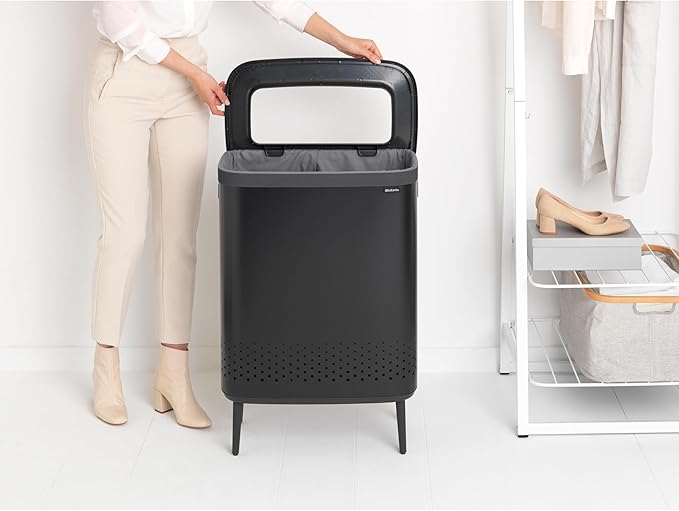 Brabantia Bo Laundry Hamper Hi (Matt Black) 2 Compartment Removable Laundry Bag 2 x 12 Gal, Ventilated Stylish Dirty Clothes Holder, Flat Back, Off-the Ground, Anti-Rust Materials for Bathroom Use