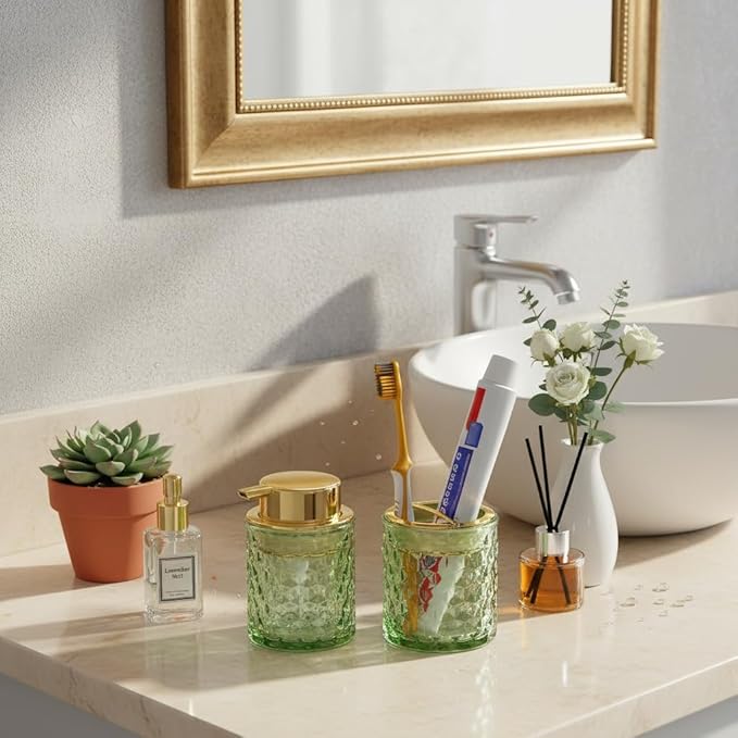 Bathroom Accessories Set 2pcs Glass Foaming Soap Dispenser and Toothbrush Holder for Bathroom Countertop, Green Glass Bathroom Assessory Set with Gold Decor