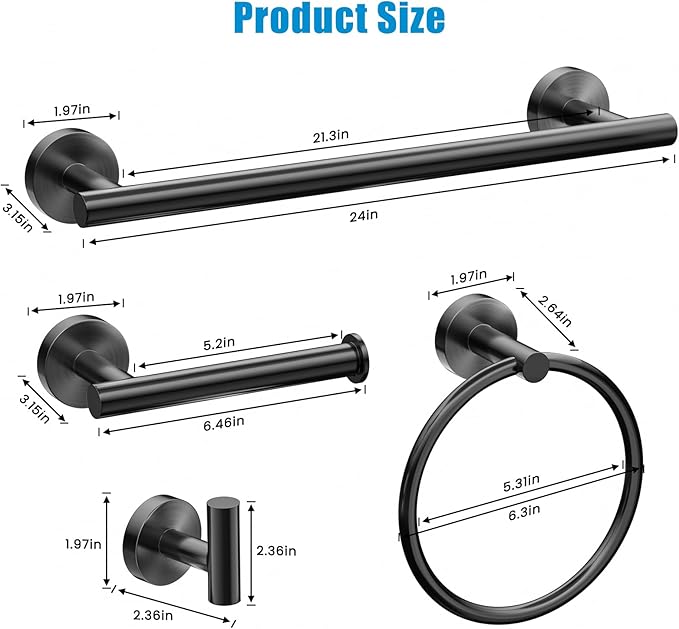 Matte Black 5 Piece Bathroom Hardware Set, SUS304 Stainless Steel Bath Towel Bar Set, 24 Inch Round Bathroom Accessories Kit Wall Mounted, Minimalist Design for All Bathrooms (Matte Black)