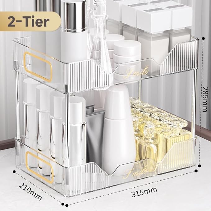 Bathroom Counter Organizer, Makeup Perfume Organizer Storage for Coutertop Bathroom Vanity Sink Desk Office Kitchen Tool (Vertical Stripe Clear, 2-Tier)