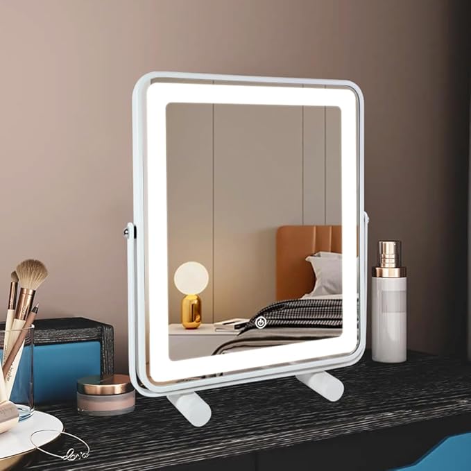 YEKKOPT Makeup Vanity Mirror with Lights,13" Large Hollywood LED Lighted Make up Mirror for Bedroom Tabletop,Three Color Lighting Modes,Smart Touch Control, 360°Rotation