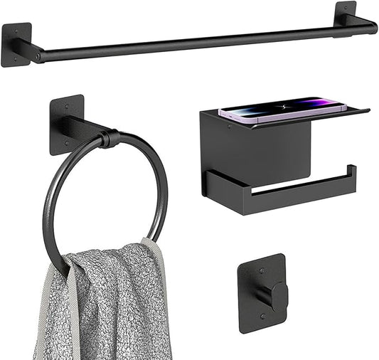 Matte Black Bathroom Accessories Set 4-Pieces, Towel Racks for Bathroom 24Inch Towel Bar, Towel Ring, Towel Hooks, Toilet Paper Holder with Shelf, Stainless Steel Wall Mounted Bathroom Hardware Set