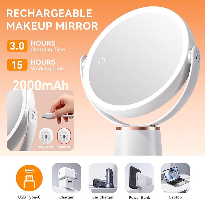 Auxmir Makeup Mirror with Lights, Double Sided 30X/1X Magnifying Mirror, 3 Color Stepless Dimmable Mirrors with Touch Screen, 2000 mAh Rechargeable 360° Free Standing Vanity Mirrors for Women