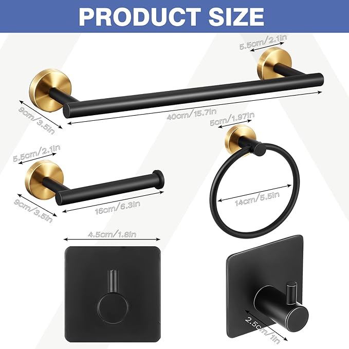 10 Pcs Matte Bathroom Hardware Set SUS304 Bathroom Hanger Set 16 Inch Hand Towel Bar Towel Holder Toilet Paper Holder Angled Hook 2 Robe Towel Hooks Wall Mounted Accessory(Black, Gold)