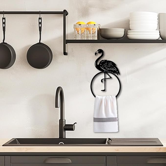 MAYJOYDIY Flamingo Metal Towel Ring Rustic Flamingo Animal Towel Holder for Wall Bath Towel Ring Black Art Towel Rack Wall Mounted for Bathroom Kitchen Towel Hanger Home Decors Gift