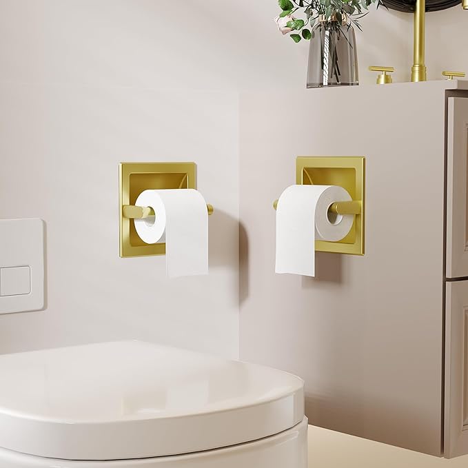 Recessed Toilet Paper Holder 2 Pack Gold， in Wall Toilet Paper Holder Pivoting，Wall Mount Toilet Paper Roll Holder, Bathroom Shallow Gold Stainless Steel Tissue Holder