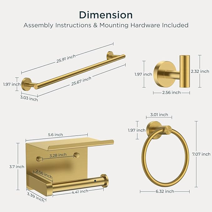 FORIOUS Bathroom Hardware Accessories Set, SUS304 Stainless Steel 24 Inch Towel Bar Set Wall Mounted, Modern Toilet Paper Holder with Shelf for Bathroom, 5 Pieces, Brushed Gold