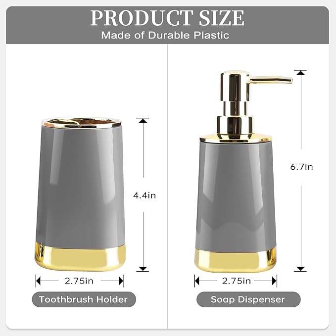 Bathroom Accessories Set, 2Piece Grey and Gold Bathroom Accessories Include Soap Dispenser and Toothbrush Holder for Modern Bathroom Decor