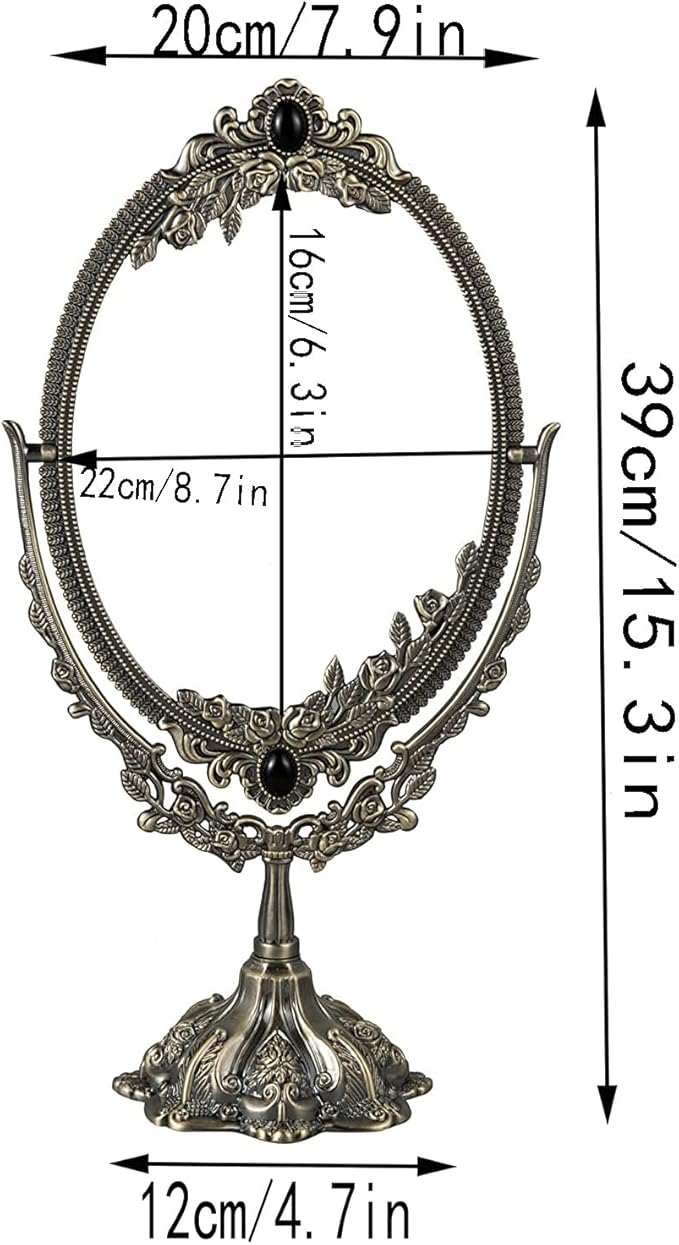 Guppy 15 inch Metal Vintage Makeup Mirror, Tabletop Oval Cosmetic Mirror, Vintage Swivel Double Sided Cosmetic Mirror with Embossed Frame Stand Base, Retro Mirror for Dresser Gift-Antique Bronze