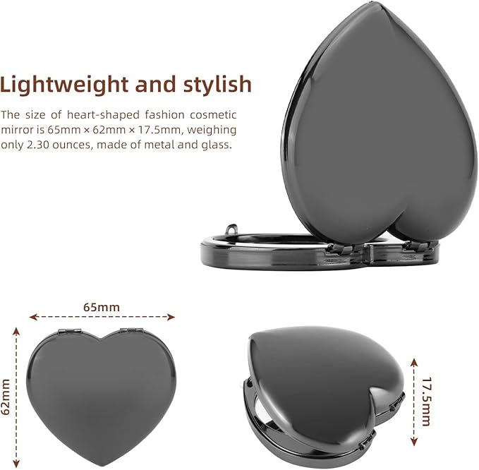 Mini Vintage Heart Elegant Metall Makeup Mirror, Portable 1X/2X Magnifier (Black)