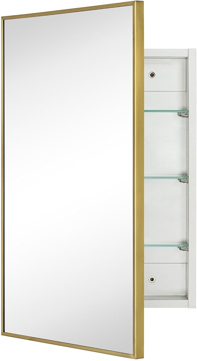 TEHOME 17.5'' x 29'' Brushed Gold Recessed and Surface Mount Bathroom Medicine Cabinet with Mirror Brushed Gold Square Cornered Metal Framed Rounded Rectangle Medicine Cabinet Mirror
