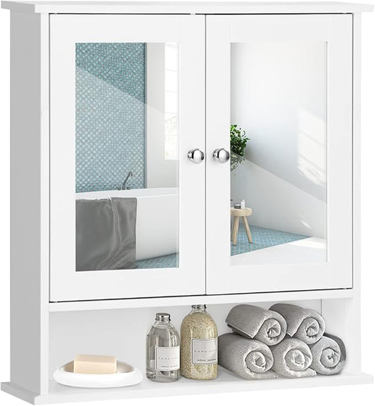 COSTWAY Bathroom Cabinet Wall Mount, Wooden Medicine Cabinet with 2 Mirror Doors, Adjustable Shelf, Open Compartment, for Laundry, Living Room, Kitchen, White