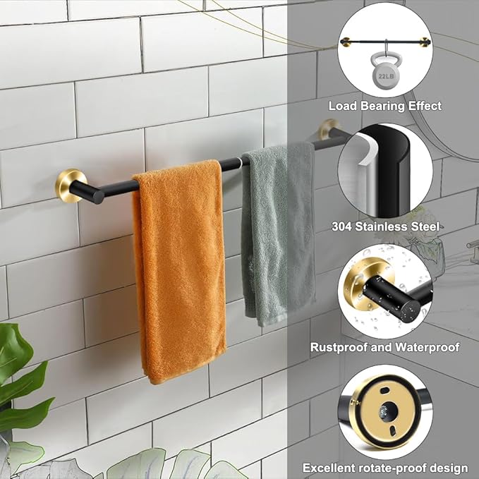 MGahyi Towel Racks for Bathroom-Adjustable Towel Holder(13.18inch-24inch) Sturdy and Rustproof Towel Bar Wall Mounted, Single Towel Bar Rod for Bathroom Accessories (Black Gold, 1Pack)