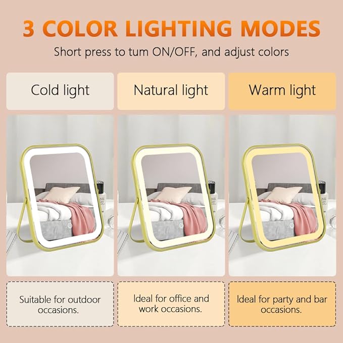 YEKKOPT Gold Vanity Mirror with Lights,10"x8" Rechargeable LED Lighted Makeup Mirror, Large Makeup Mirror with Lights, Touch Screen with 3-Color Lighting, Dimmable, for Vanity Desk Tabletop, Bedroom