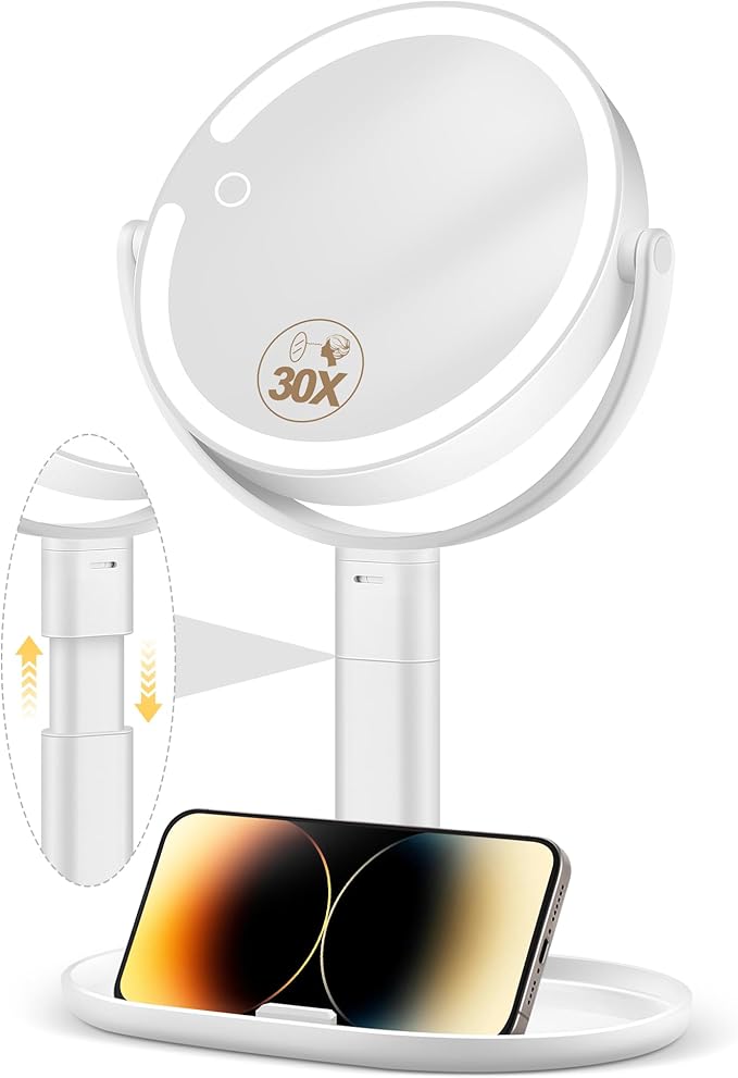 MOMOKUBA Makeup Mirror with Lights, 30X Magnifying & Height Adjustable, Lighted Magnifying Mirror with 3 Light Modes and Stepless Dimming, Vanity Mirrors for Bathroom, Birthday Gift for Women, White