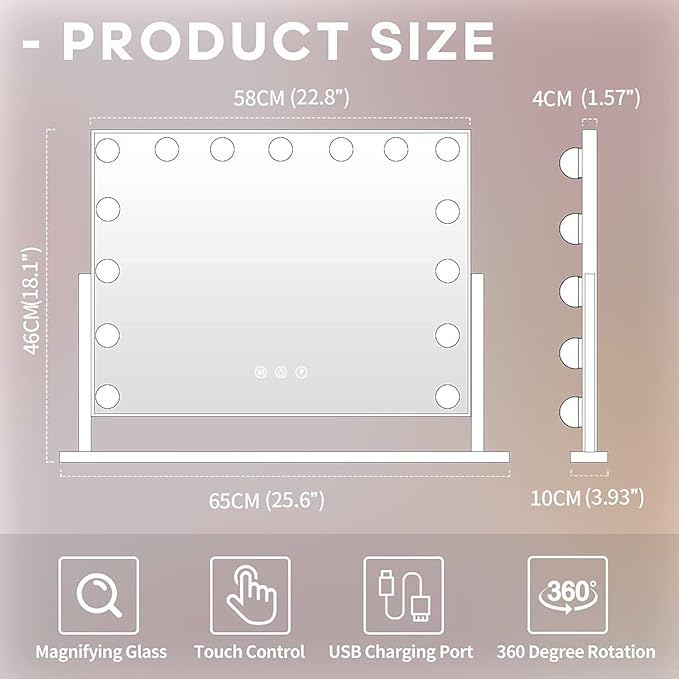 Hansong Hollywood Mirror Large Lighted Makeup Mirror with 15 LED Bulbs Hollywood Vanity Mirror with Lights 360 Degree Rotation for Bedroom