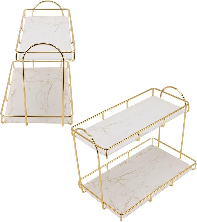 2 Tier Bathroom Storage Rack, Anti Slip Makeup Shelf in Gold White, Humanized Structure, Convenient Counter Organizer for Bathroom (L), Stylebestwxozqvbyd6-12