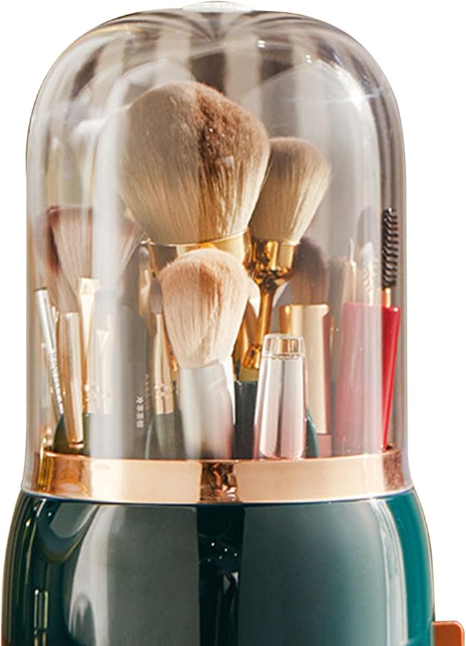 Yosoo Health Gear Makeup Brush Organizer, Multifunctional Rotating Cosmetic ABS Silicone Container for Vanity Cosmetics, Nail Polish (Dark Green)