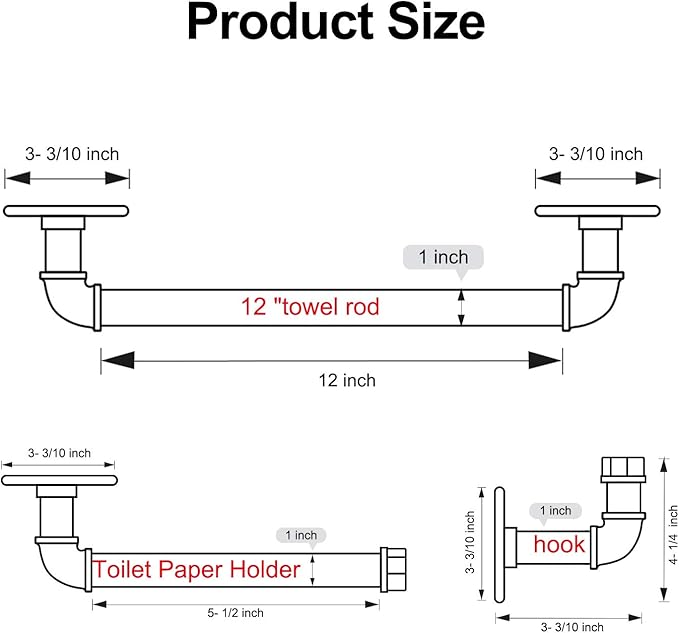 HouseAid 3-Pieces Industrial Pipe Towel Holder Set, Rustic Steel Towel Rack Kit, Farmhouse Vintage Style Towel Bar Accessories for Bathroom, Wall Mounted, Matte Black