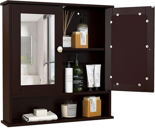 COSTWAY Bathroom Cabinet Wall Mount, Wooden Medicine Cabinet with 2 Mirror Doors, Adjustable Shelf, Open Compartment, for Laundry, Living Room, Kitchen, Brown