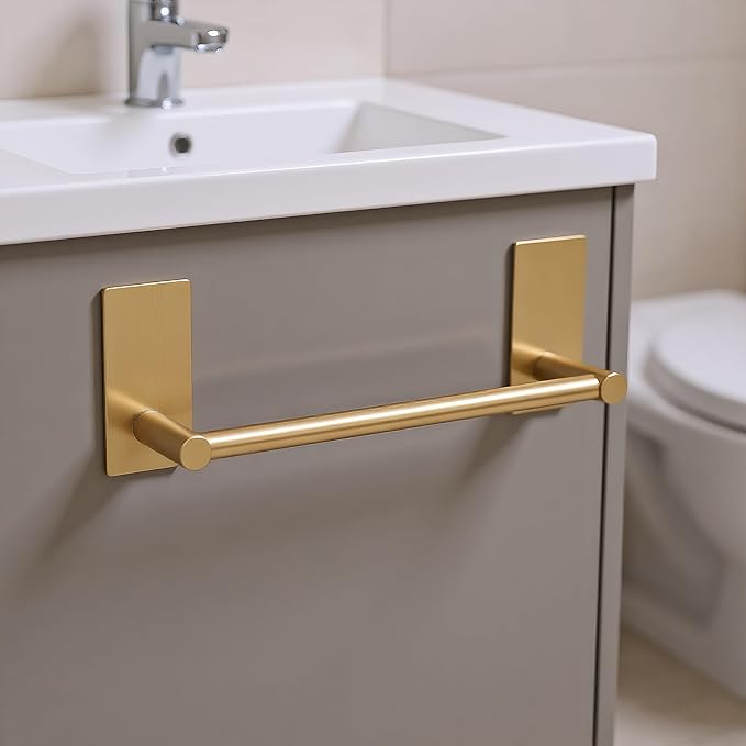Songtec Gold Towel Bar 16-Inch, Adhesive Stick On Bath Towel Rack No Drill, Strong Adhesion Tape Mount Towel Holder, Stainless Steel - Brushed Gold