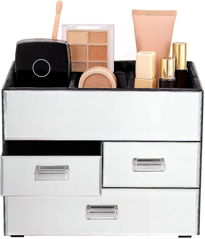 OnDisplay Miro 3 Drawer Mirrored Glass Makeup Organizer – Tiered Cosmetic Storage Box with Velvet Lined Compartments, Crystal Handles & 3 Pull Out Drawers for Vanity, Jewelry & Brushes (Silver)