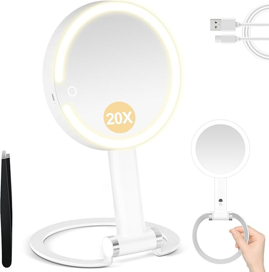 20x Magnifying Mirror with Light, Travel Mirror with Light, Lighted Makeup Mirrors with Magnification, Hand Held Mirrors with Handle, Portable Tabletop, Suitable for Bathroom