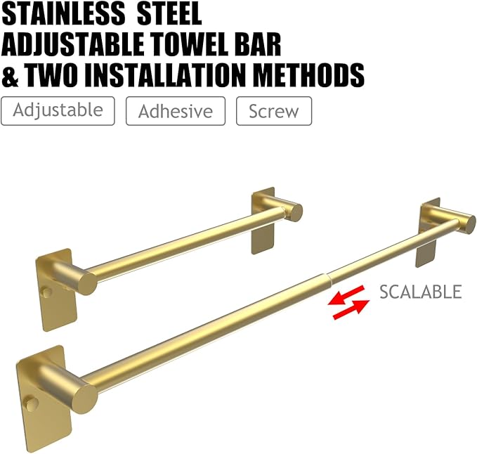 Towel Bar, 14inch to 25inch Adjustable Towel Holder Rod, Self Adhesive Wall Mounted Hand or Body Towel Rack for Bathroom Kitchen, Stainless Steel Organizer Single Bar (Gold, 3 Pack)